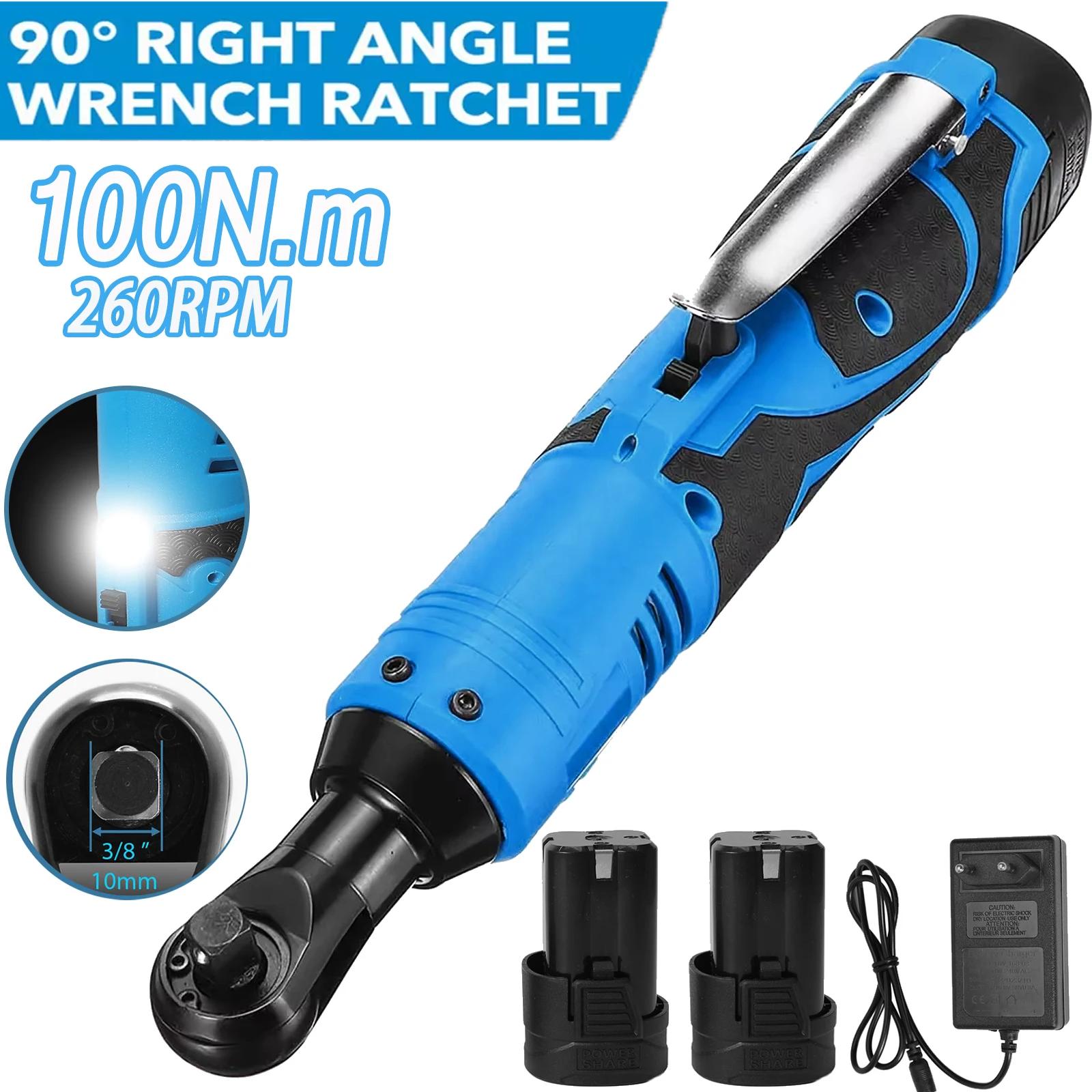 18V Impact Wrench Cordless 100Nm Rechargeable Electric Wrench 3/8 Inch Right Angle Ratchet Wrenches Impact Driver Power Tool