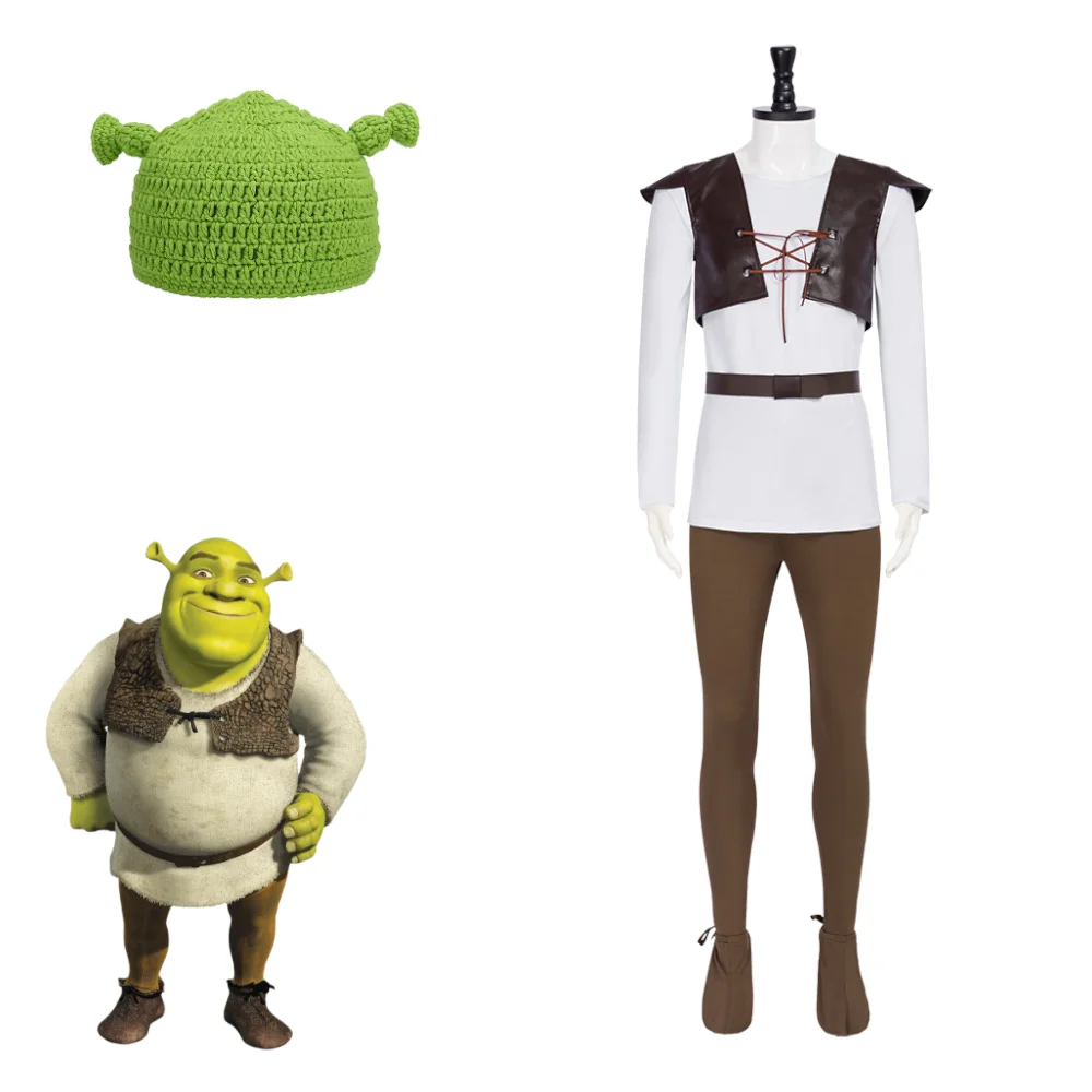 

Adult Men's Shrek Cosplay Outfit Medieval Hunter Costume Green Ogre Ears Knitted Hat Halloween Carnival Roleplay Clothing
