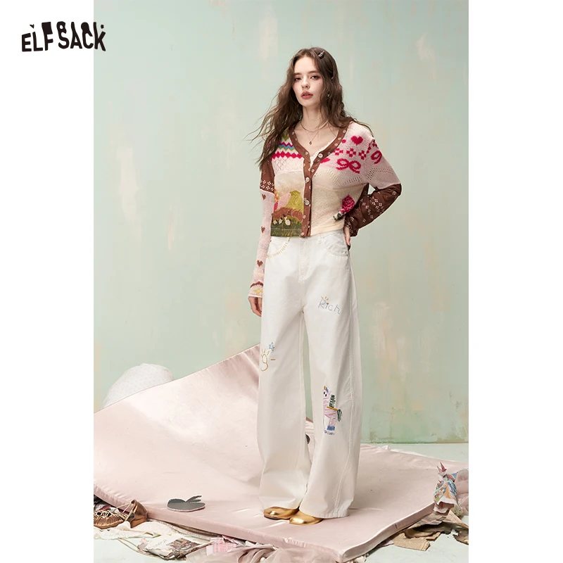 ELFSACK Sweet Cool Wide Leg Jeans with Cartoon Pony Embroidery, Lightweight Casual Denim Pants, Loose Fit Trousers for Women