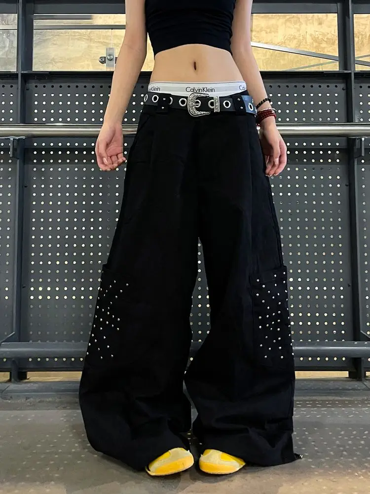 

Women's Black American Rivet Design High-Waist Loose Jeans 2000s Aesthetic Gothic Street Hip-Hop Casual Straight Trousers Jeans