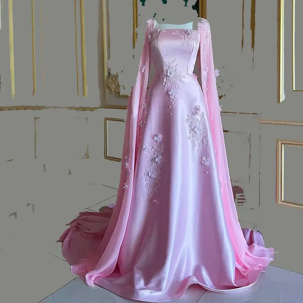 Rosa Satin A-Linie quadratischen Hals elegantes Abendkleid mit Applikation Perle Schal Falte rücken