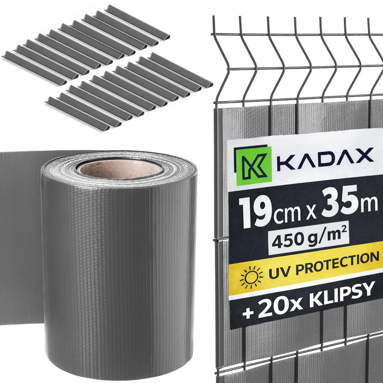 Ruban de clôture en PVC KADAX pour panneaux de clôture gris 19 cm x 35 m