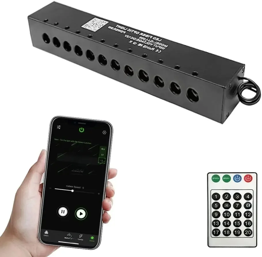 Télécommande 12leds météore tir étoile effet de chasse lumières à fibres optiques moteur APP/téléphone intelligent contrôle 12 trous blanc/RGB
