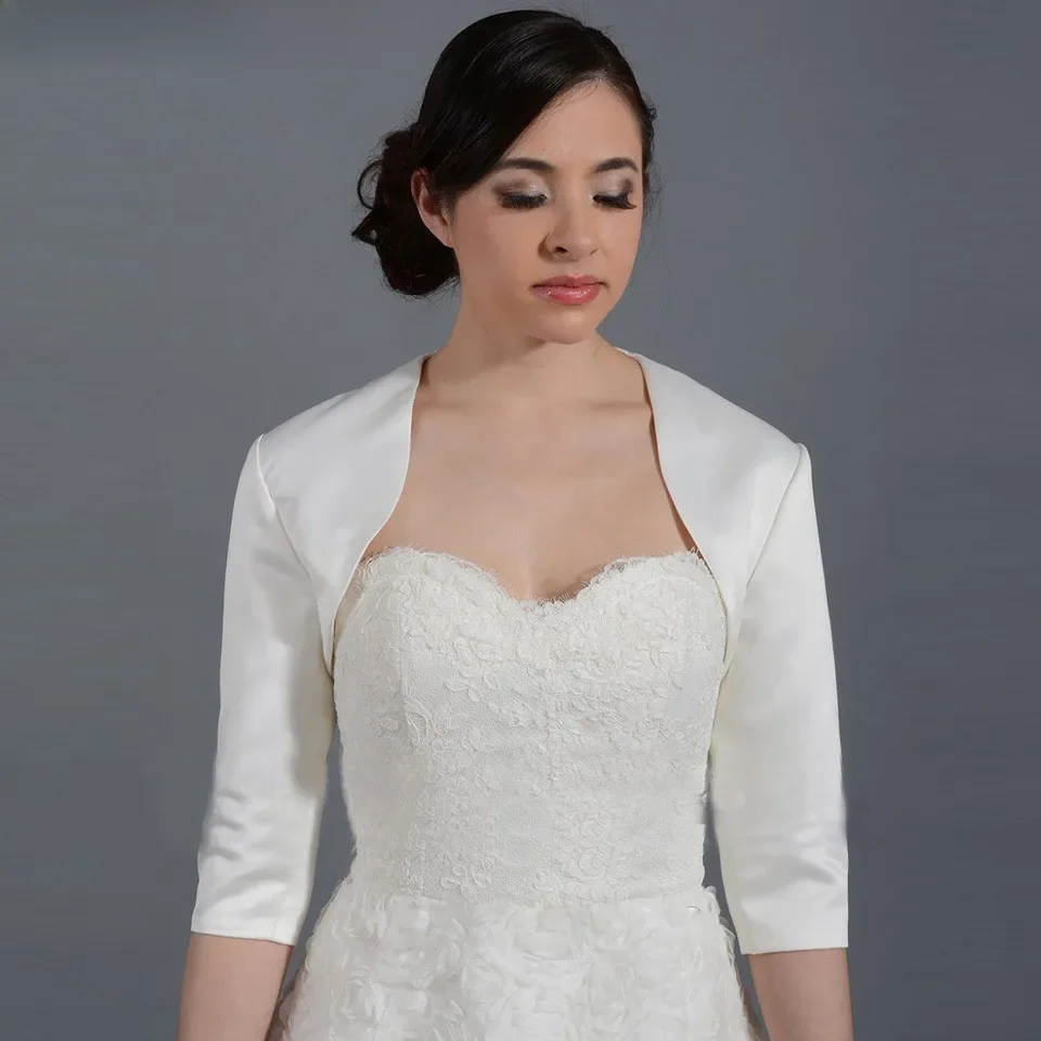 Dostosowana nowa satynowa modna kurtka ślubna z półrękawem Wykonane na zamówienie akcesoria ślubne Bolero Cape Mariage Okłady ślubne — zdjęcie 2