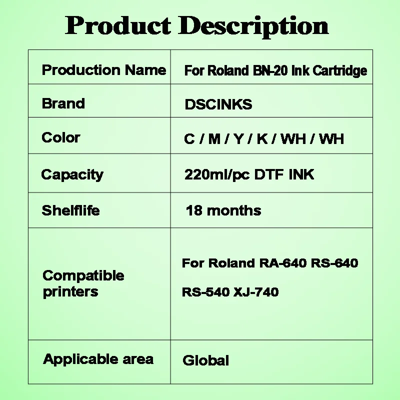 For Roland BN-20 BN20 Bn 20 DTF Compatible Ink Cartridge With One Time Chip For Roland RA-640 RS-640 RS-540 XJ-740 5Colors 220ML