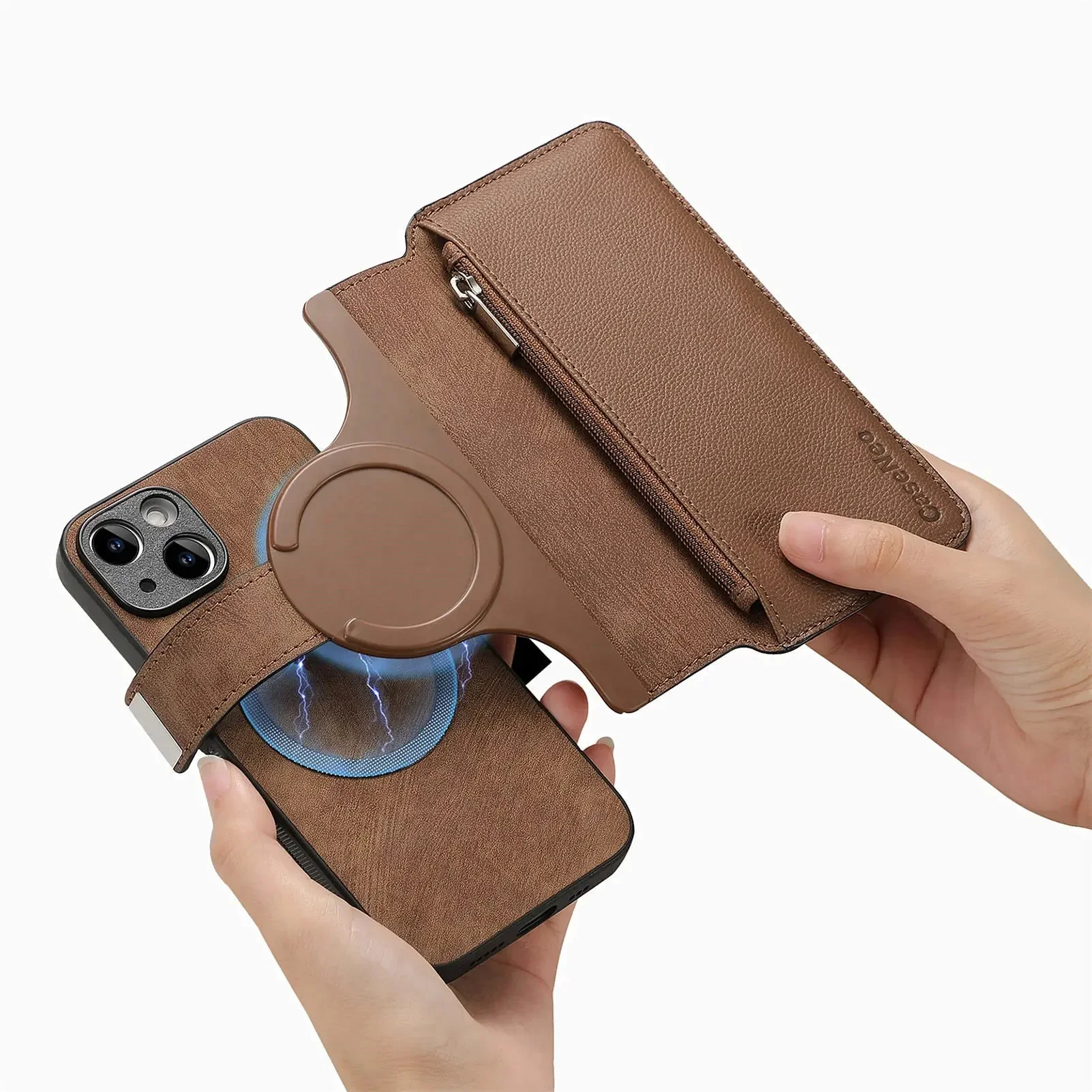 Zipper Cards Solt Wallet Leather 2 in 1 Wireless Charging Case For iPhone 15 16 Pro Max 14 Plus 13 12 11 XS Detachable Bag Cover — zdjęcie produktu 7