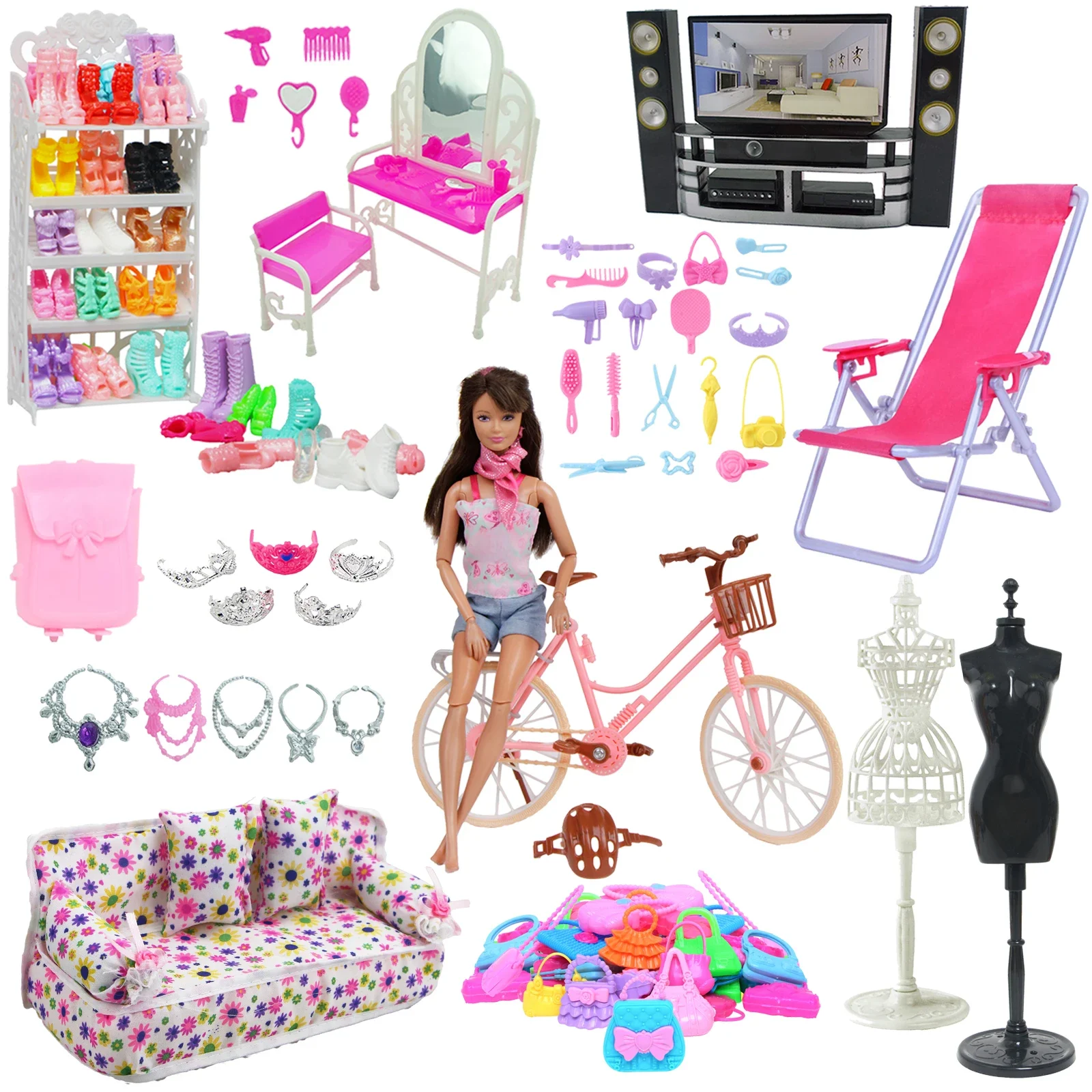AliExpress BJDBUS Mixed Doll Accessories Shoe Rack Pink Bed Bike Bag Sofa Dresser Display Doll Holder Dollhouse Furniture for 30cm Girl Doll Toy