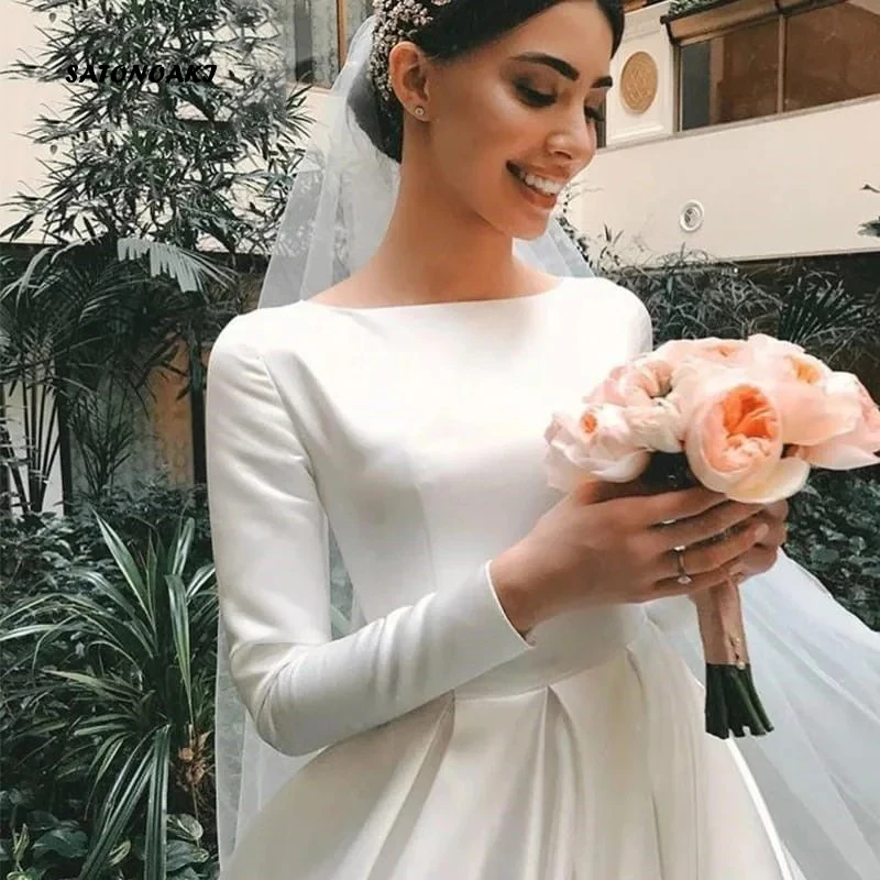 Vestido De Novia De manga larga para mujer, traje De Novia De blanco marfil satinado Vintage, sencillo, personalizado