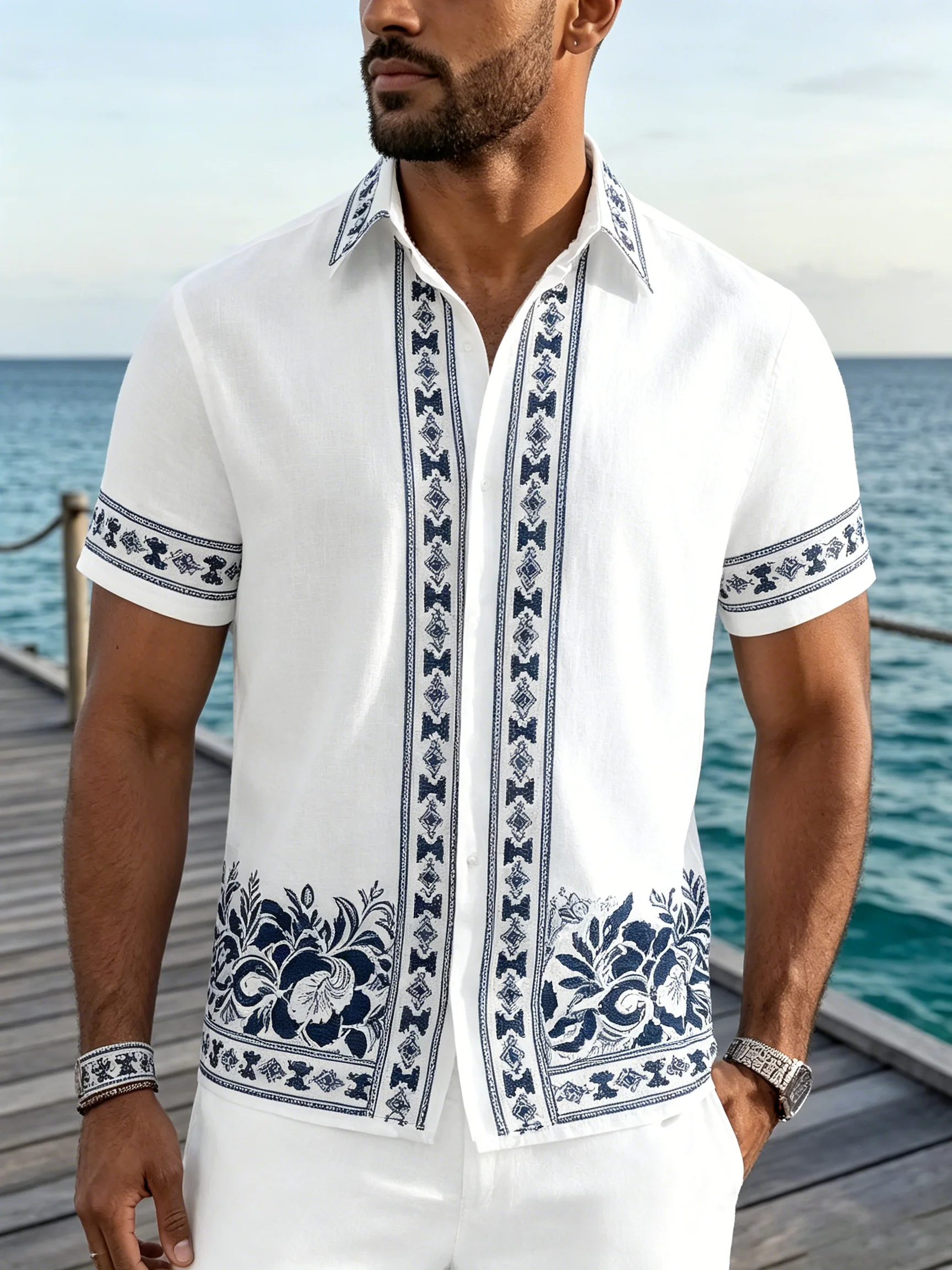 Camisa con estampado geométrico étnico para hombre, camisa blanca y azul de manga corta con botones, informal, estilo guayabera cubana para la playa, para verano