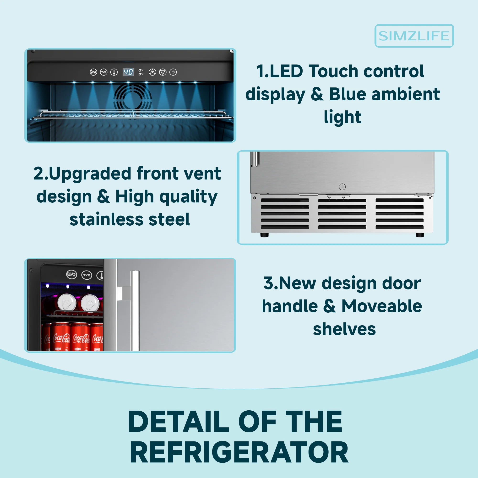ثلاجة مشروبات مدمجة مقاس 15/22.6 بوصة من Simzlife، منطقة واحدة 130/180 علب، خزانة نبيذ، تحكم في درجة الحرارة LED، فضي