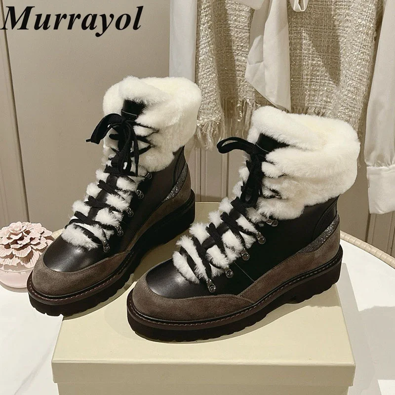 Snow Boots Women Real Leather Wool Lining Flat Thick Bottom Short Boots Winter Round Toe Lace Up Mid Calf Booties Vacation Shoes view 2