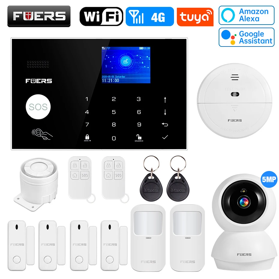 

FUERS G34 Tuya Smart WIFI 4G Alarm System Wireless Home Burglar Security Alarm System Control Siren Motion Detector Smoke Sensor