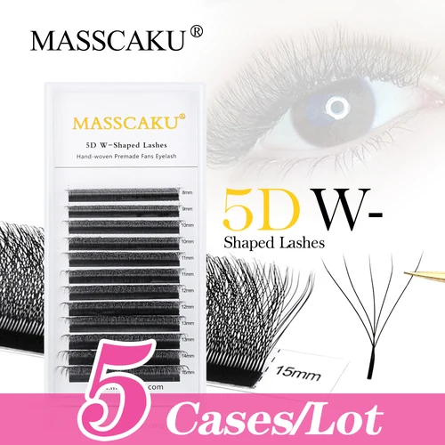 5 cajas/lote de extensiones de pestañas en forma de W Masscaku 4D/5D/6D de alta calidad, 8-15mm, todo el tamaño, tipo W, bandeja de pestañas individuales en Stock