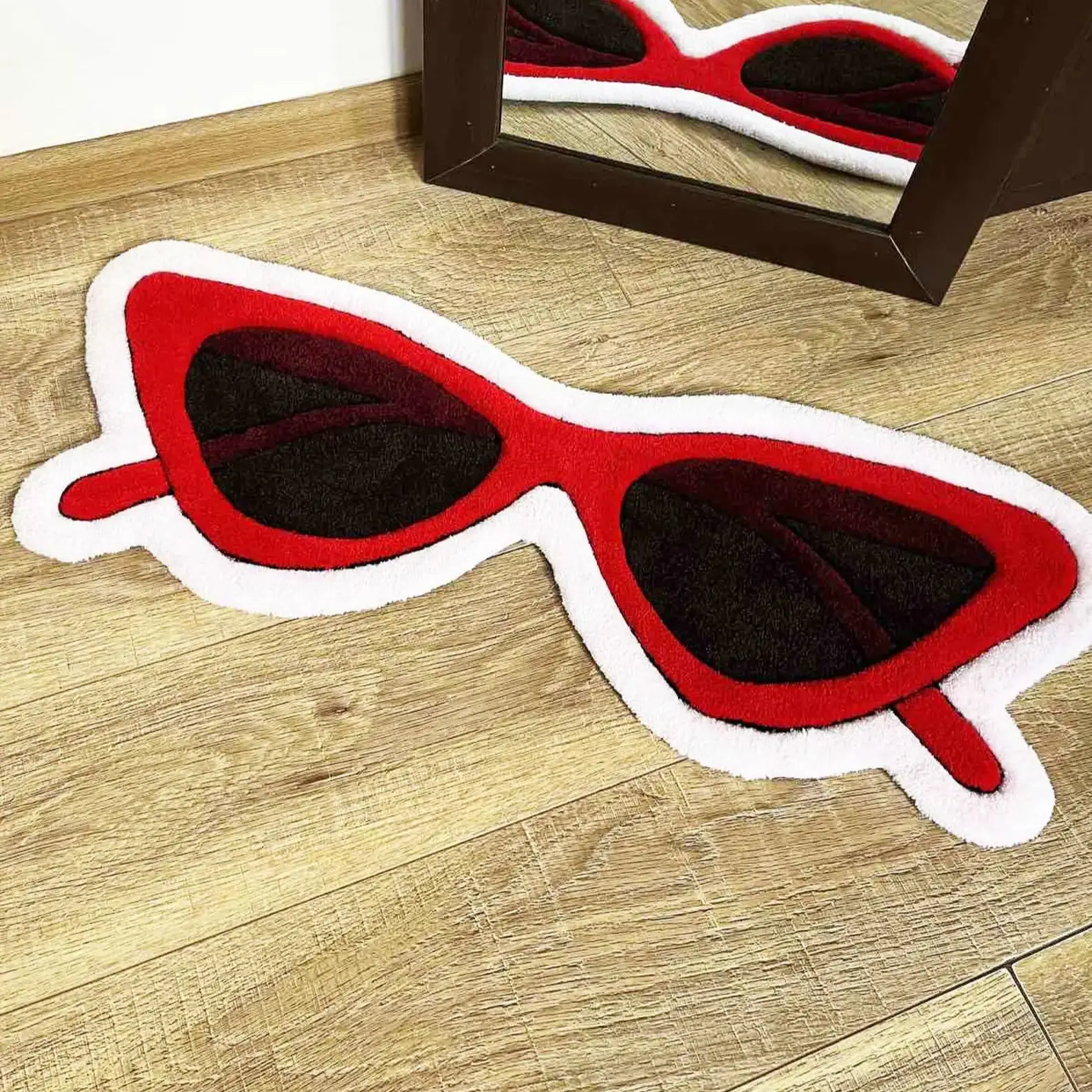 Red Frame Glasses Art Sunglasses Rug Whimsical Area Wall Decoration Non-Slip Soft Flannel Home Bedside Carpet Gifts