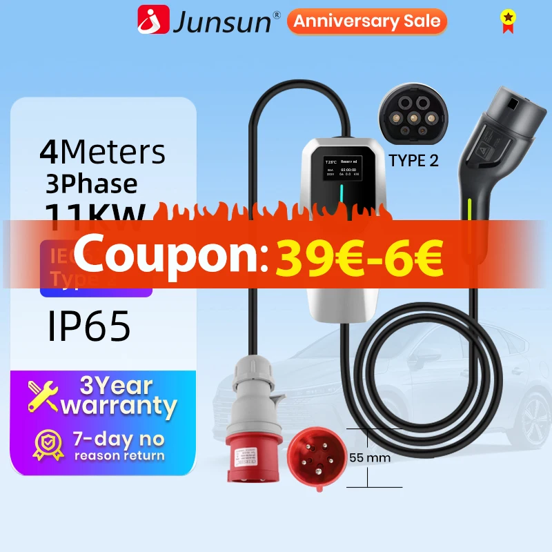 Junsun ev charger type 2 11kw 7KW single phase 100w charger wallbox 22kw type 2 for Tesla Kia Dacia Renault Nissan VW Hyundai