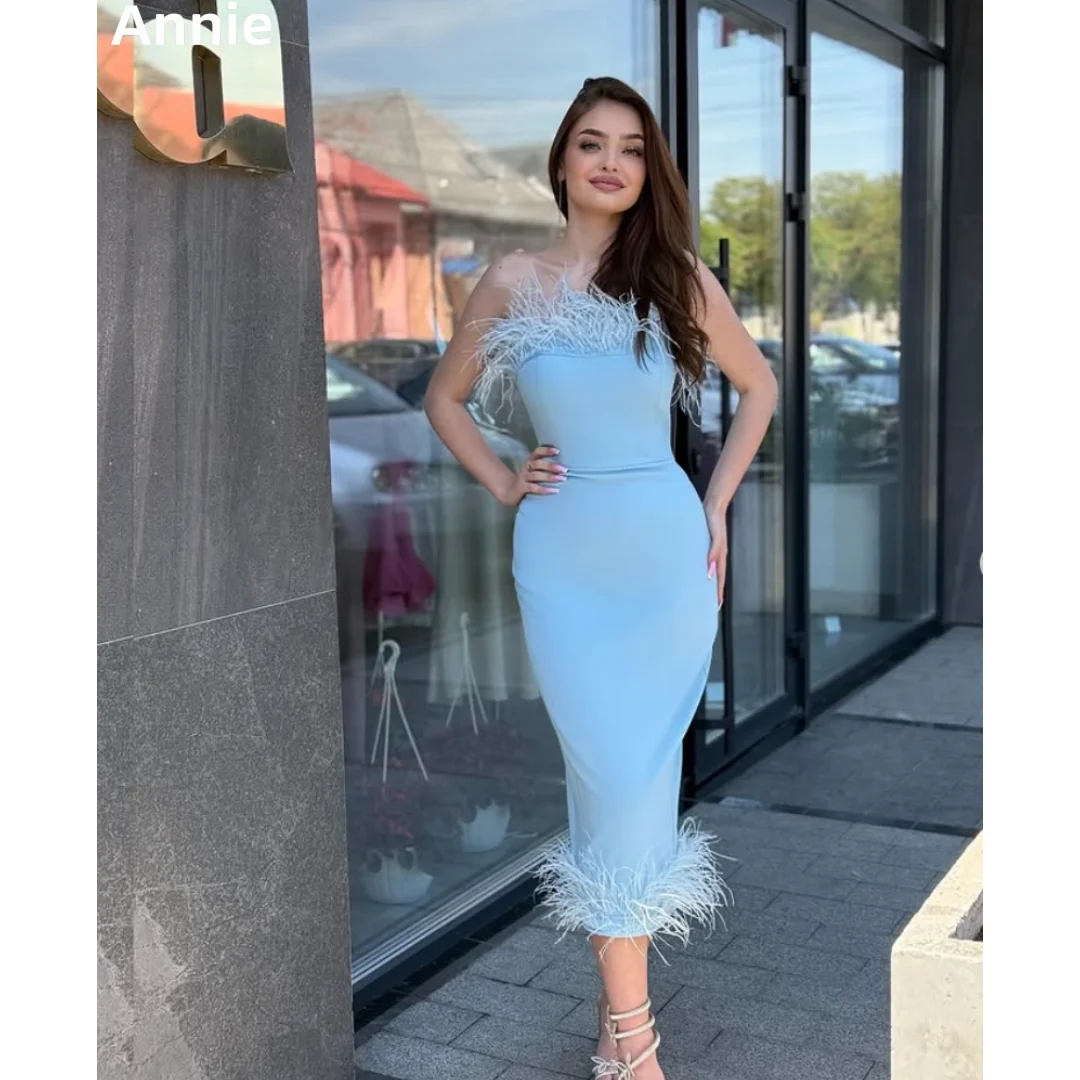 

Annie Sky Blue Prom Dresses Handmade Feathers Evening Dresses Off-shoulder And Ankle Lady Party Dresses فساتين سهرة