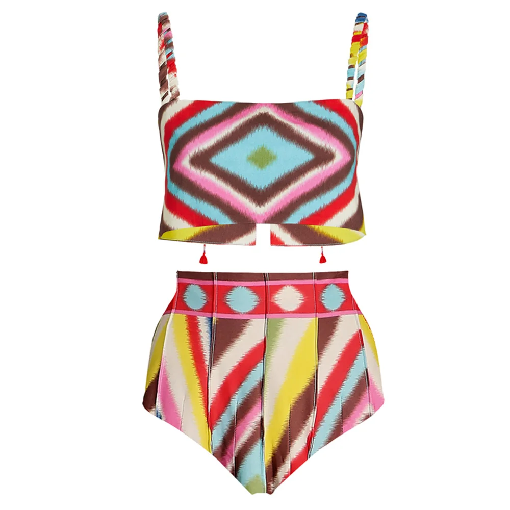 Damski zestaw Bikini we wzory Retro Colorblock i spódnica wakacyjna sukienka plażowa designerski kostium kąpielowy letni Surf