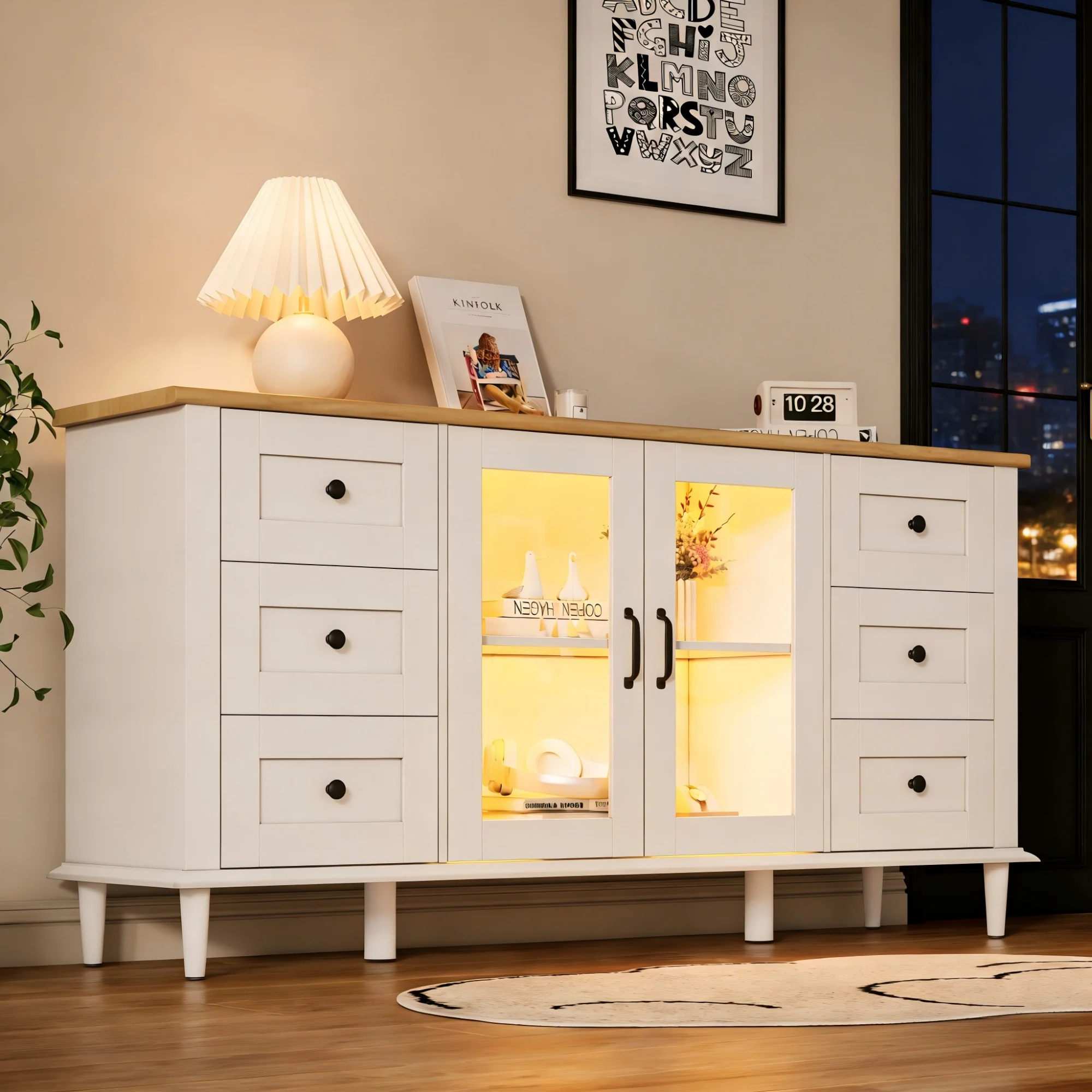 Buffetkast met 6 laden en 2 deuren van acryl met LED-verlichting - LPOSPI - zonder handgrepen, wit MDF en hout 150 × 40 × 75 cm