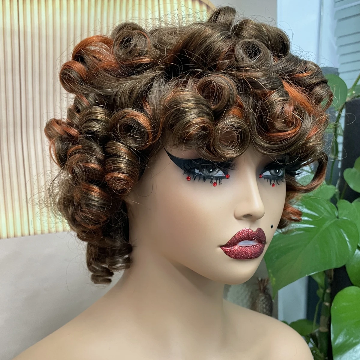 4-350 Afro Short Kinky Curly Bouncy Curly Human Hair Wig With Bangs 200% Density Full Machine Made Wigs 6 Inches For Black Women