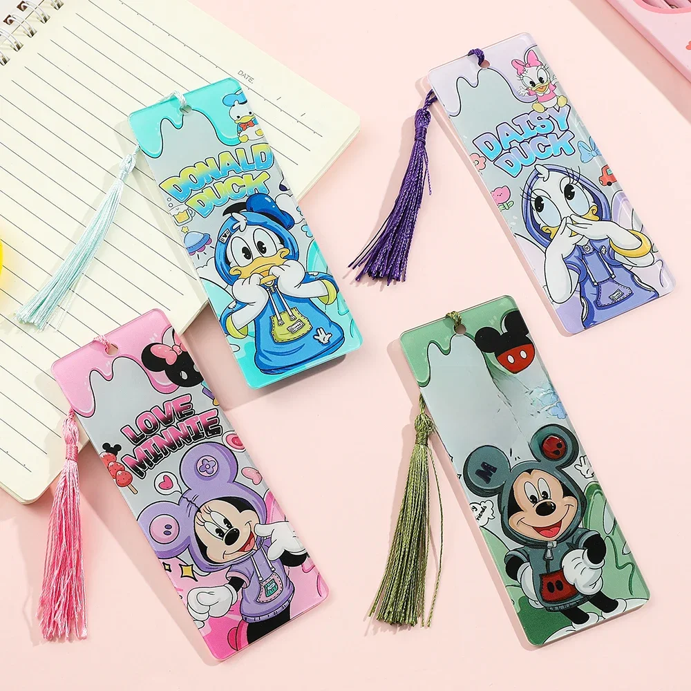 Marque-page en acrylique mignon Donald Duck Mickey Minnie, marque-page avec pompons de dessin animé pour garçons et filles, papeterie périphérique Anime