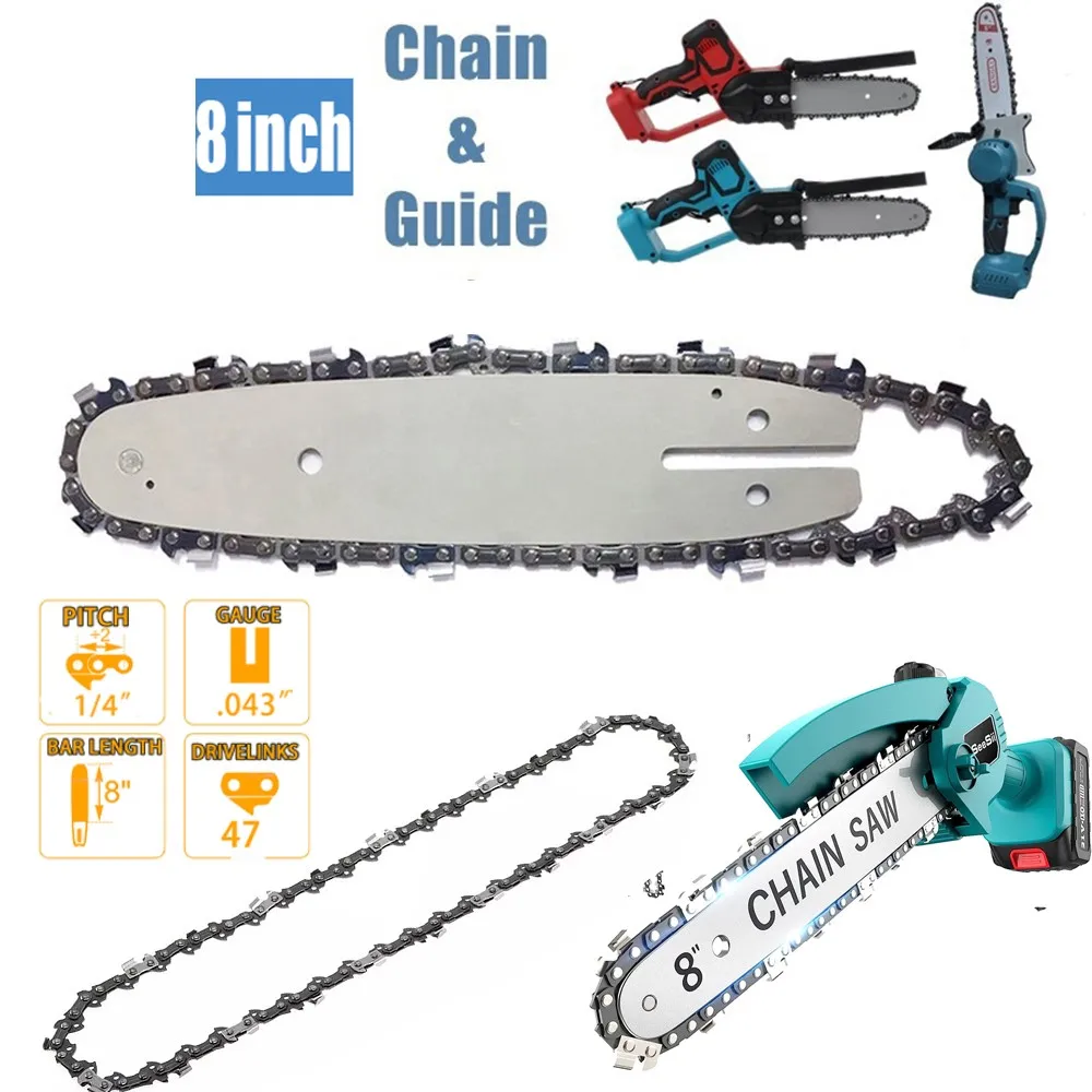 8 Inch 1/4" Pitch .043" 47 Drive Link Saw Blade Chainsaw Chains and Guide Bar Electric Saw Accessory Replacement Wood Cutting