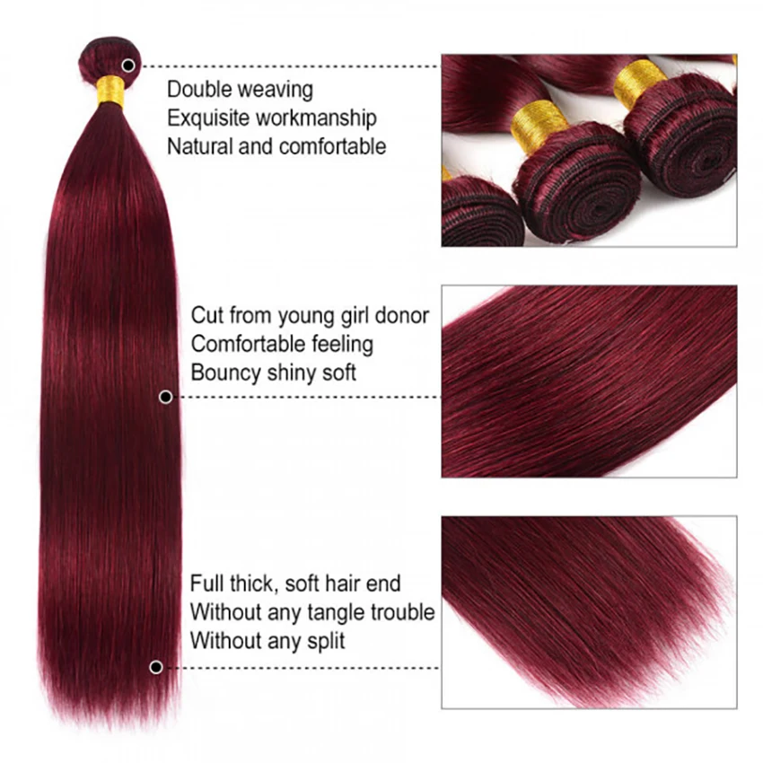 99J Burgundy Hair Bundles With Lace Frontal Wine Red Straight Human Hair 3 Bundles With 13×4  Lace Frontal with Baby Hair 12A