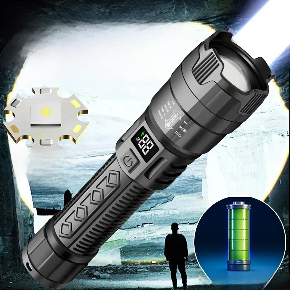 Lampes de poche LED haute puissance pour le bain, lampe torche avec lumière d'affichage, charge USB, camping, pêche, lanterne n'aime d'urgence, 2000lm