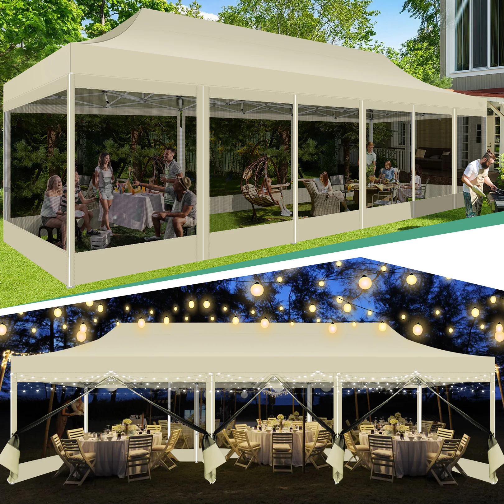 خيمة بمظلة 10 × 30 قدم مع 8 جدران جانبية، خيمة حفلات بمظلة منبثقة شديدة التحمل مع شبكة ناموسية، مظلة شاشة سهلة الحجم للحفلات #4