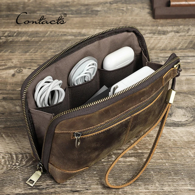 CONTACT'S Męska kopertówka podróżna Portfel z prawdziwej skóry Torebka Torebka Casual Charge Cable Organizer Torba do przechowywania