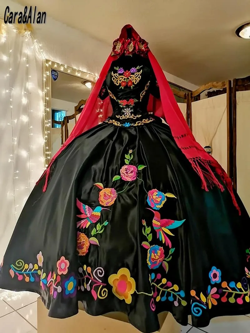 Vestidos de quinceañera con bordado de Charro negro, vestidos de 15 años con chal, vestidos de graduación de 16 XV, hechos a medida