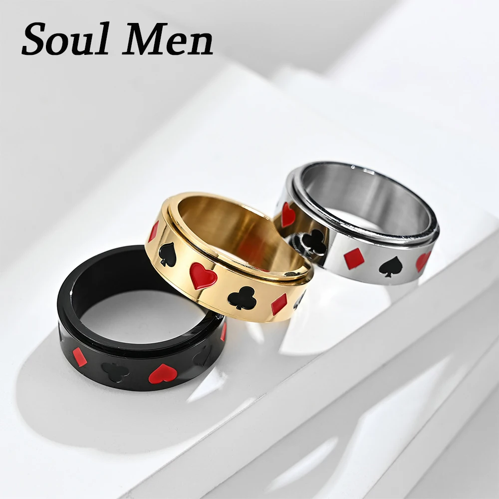 남성용 스테인레스 스틸 회전식 반지 8mm 골드 실버 색상, 펑크 빈티지 럭키 플레잉 카드 포커 남성 액세서리