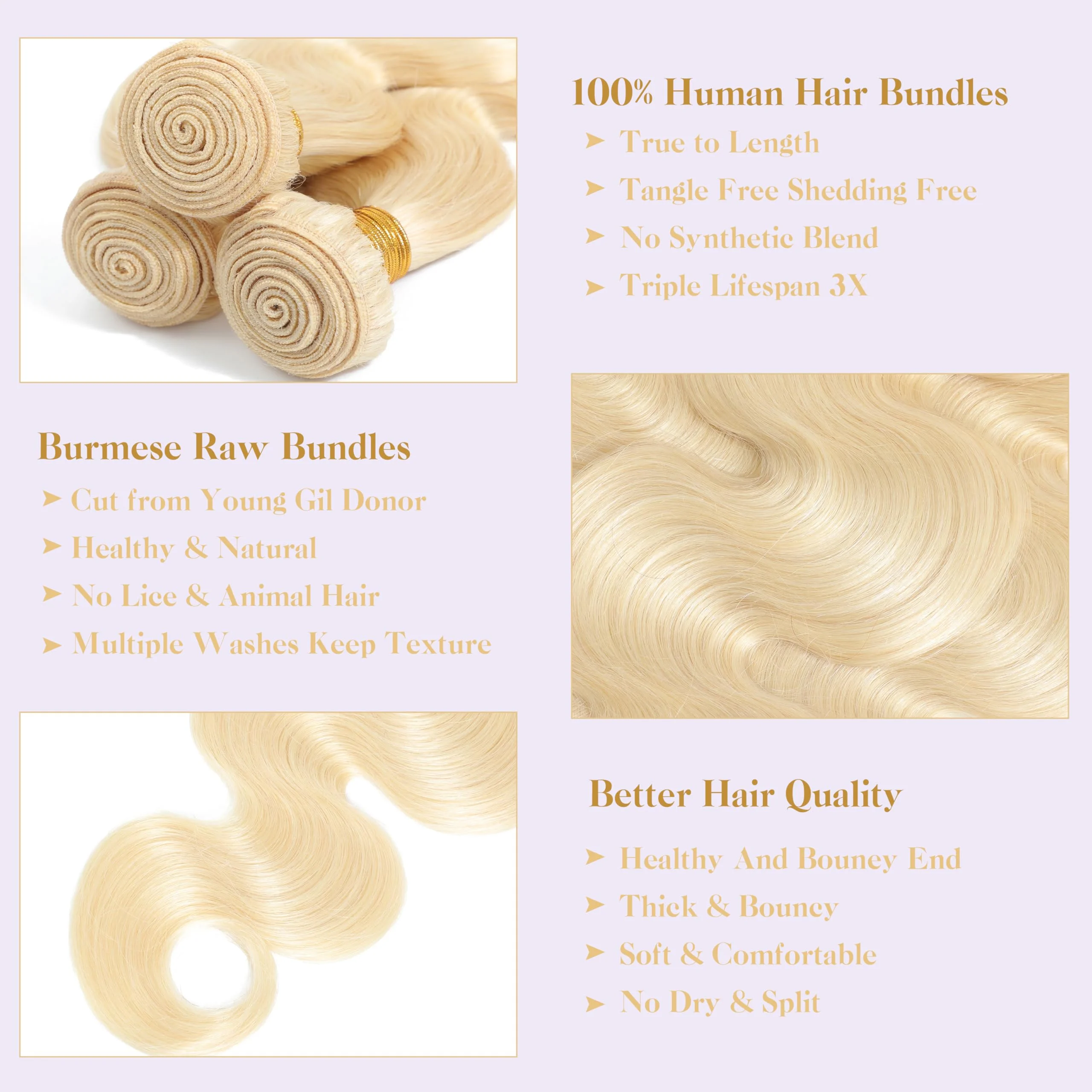 100%人毛 1～3束 ボディウェーブ # 613 ブロンド バンドル 人毛 100% ブラジル産バージンヘア 女性用エクステ