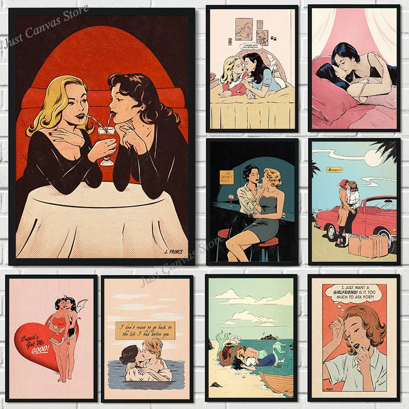 

Pop Art Comic Lesbian Women Kiss Posters and Prints Canvas Painting Girl Nordic Wall Art Pictures for Living Room Home Decor