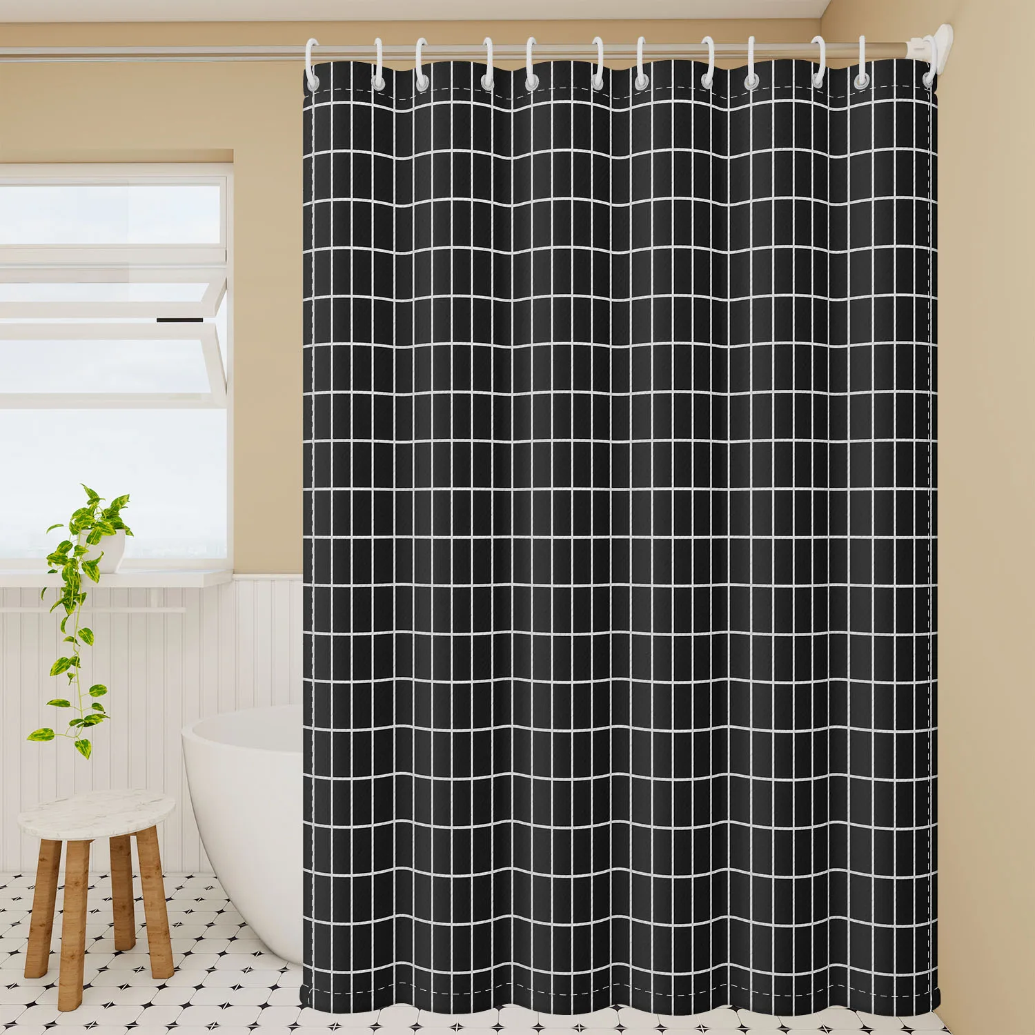 Minimalistischer Duschvorhang mit schwarzem Gittermuster - Wasserdichter Polyesterstoff für stilvolle Badezimmer