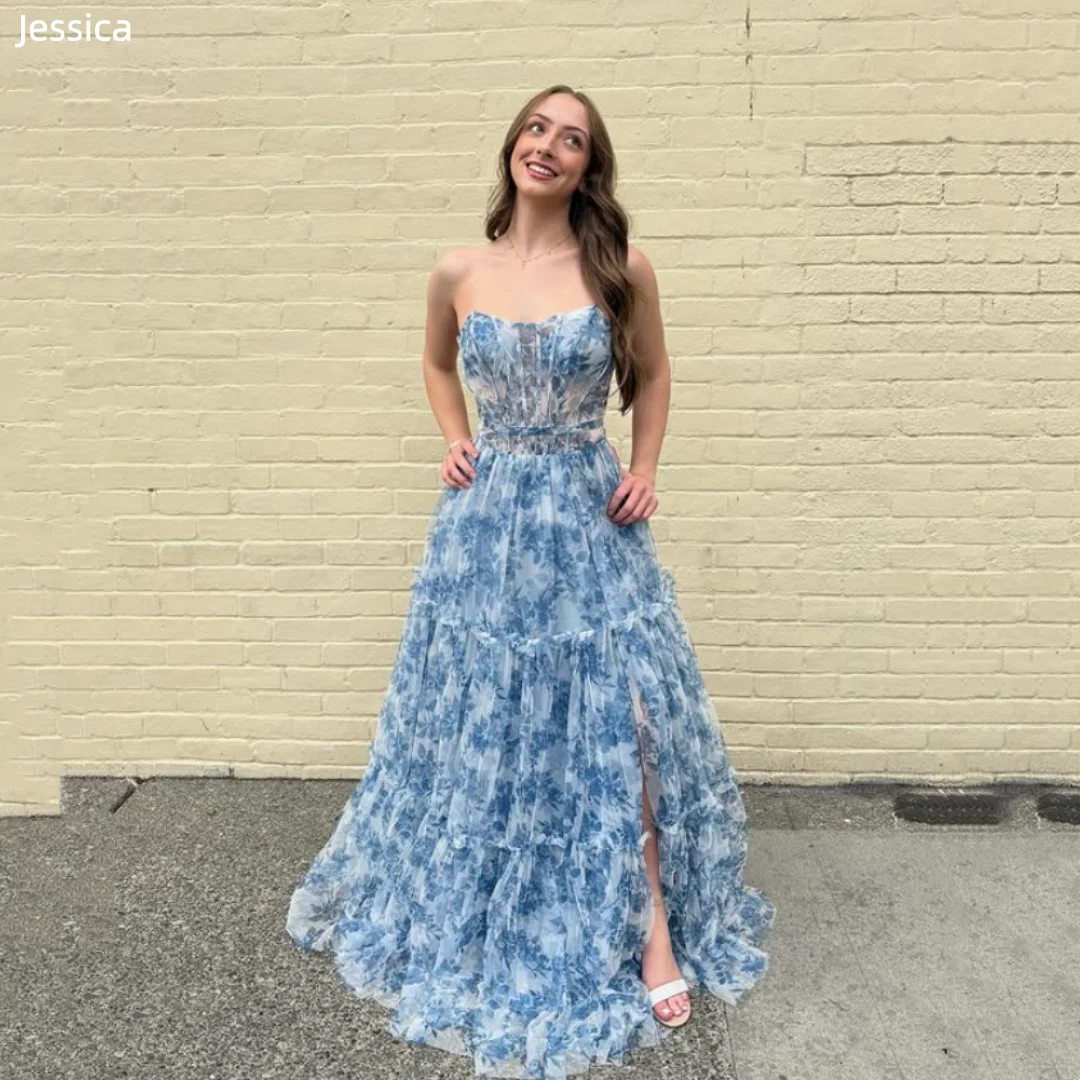 

Джессика Синие вечерние платья с цветочным узором Сексуальное прозрачное платье с открытыми плечами Платья для выпускного вечера Платье принцессы трапециевидной формы Бальные платья