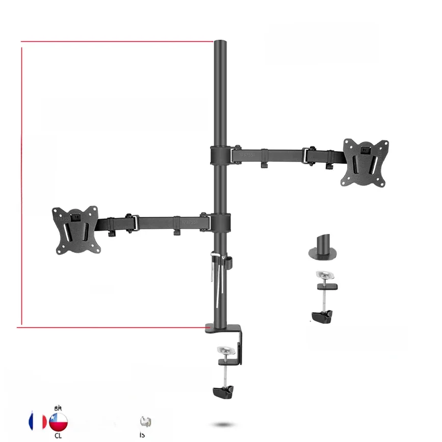 (80 cm) DL-T902-280II – regulowany uchwyt do dwóch monitorów, montowany na biurku, z możliwością regulacji kąta nachylenia, z mocowaniem za pomocą klamry i otworu, podstawa do montażu na komputerze, składany ramieniowy uchwyt, udźwig 12 kg. — zdjęcie produktu 6