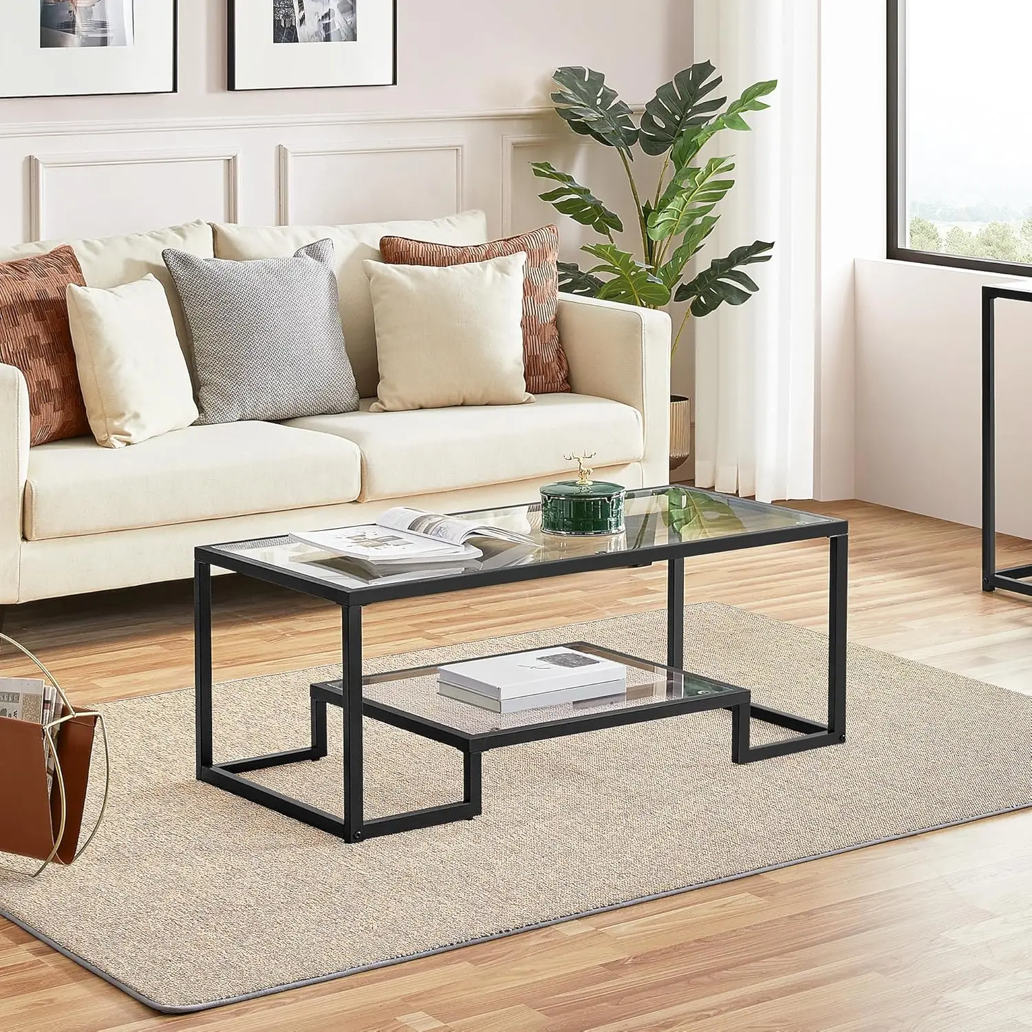 offee Table, Tempered Glass Coffee Table, Modern Simple Center Table w/Geometric-Inspired Design & Metal-Frame