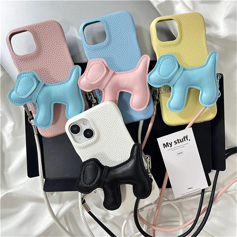 

Cartoon Bulge Bag Dog Crossbody Strap for iPhone, Lychee Leather Case, Half Wrapped Fall Protection Case, 12, 13, 14, 15Pro Max