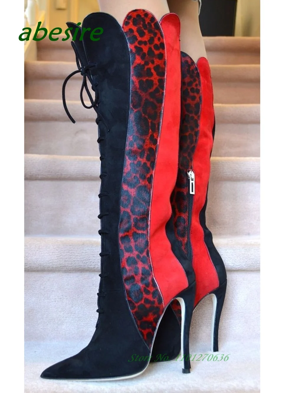 Patchwork Lace Up Knee High Boots Color Blocking Stiletto Heels Cross Tied Women's Boots 2023 New Arrival Elegant Leopard Shoes