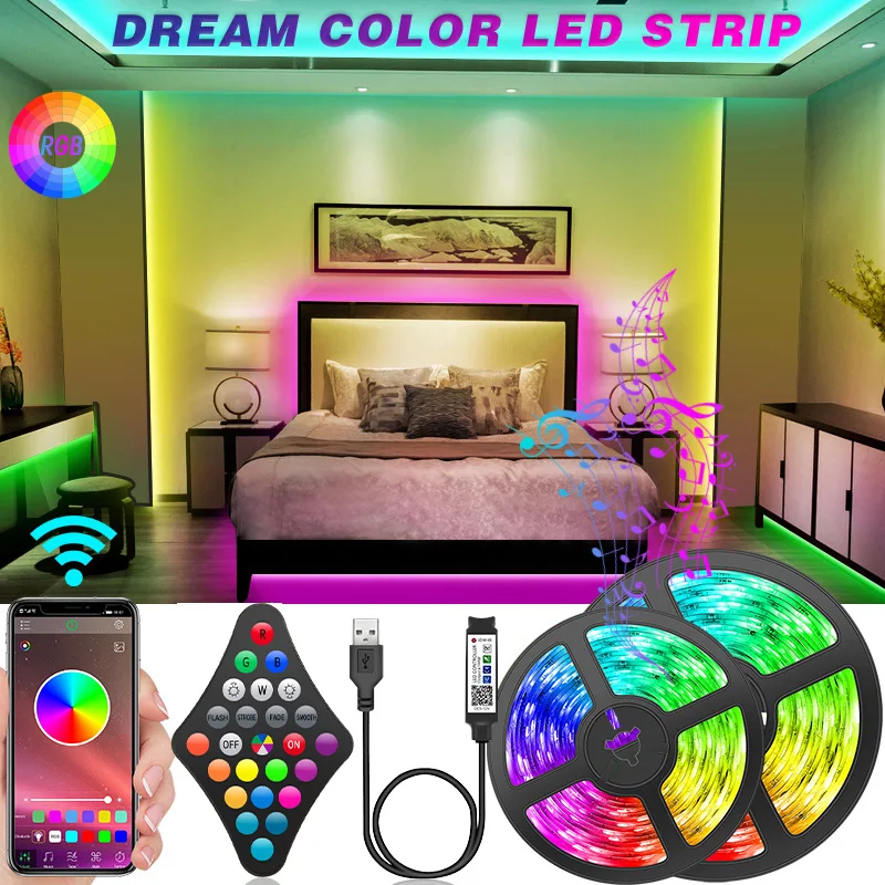 5050RGB LED Strip Lights Azul APP Controle Colorido Capa Dura para Decoração de Quartos Festas de Natal Iluminação de Atmosfera