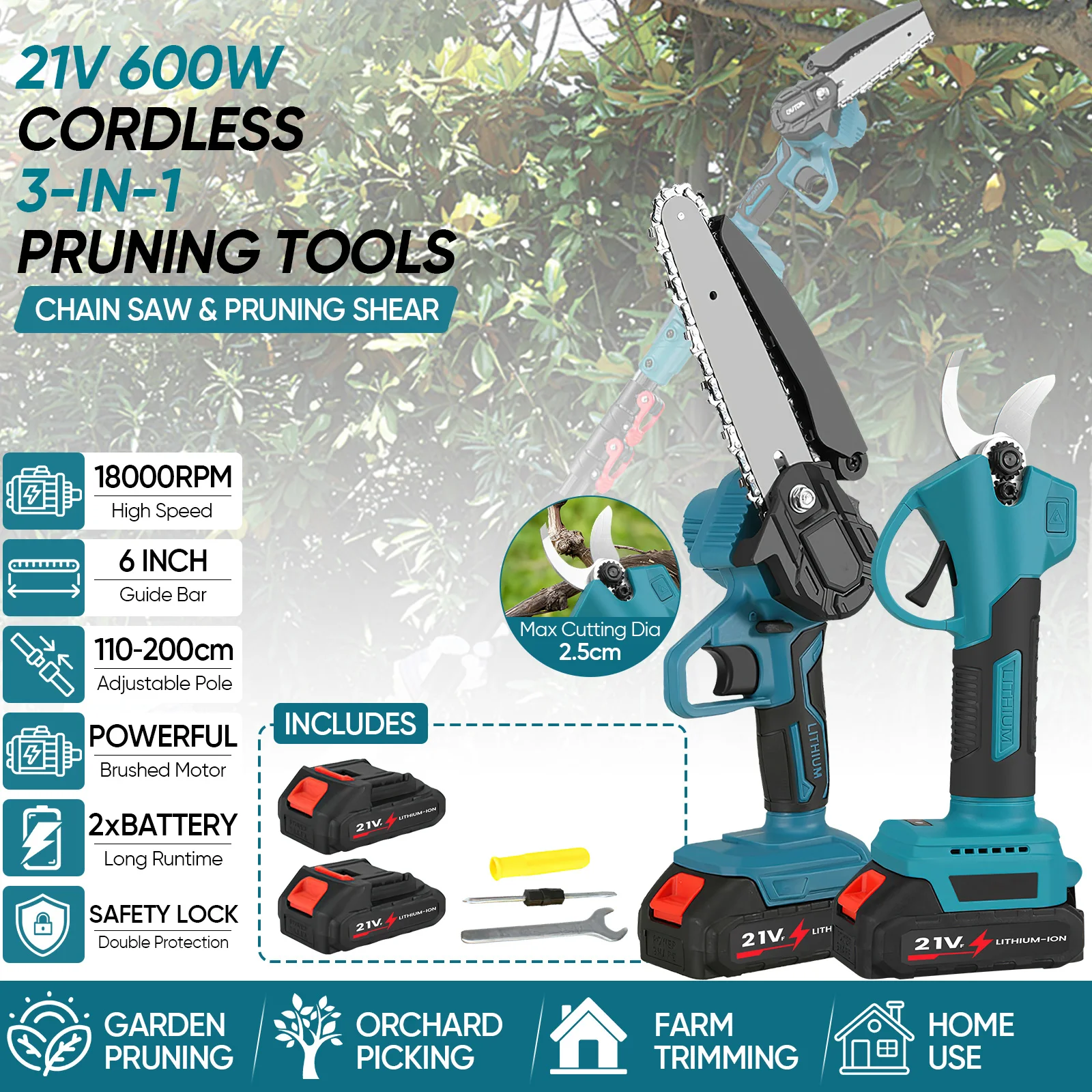 6-Zoll-Elektrokettensäge und 25-mm-Astschere, 3-in-1-Set, Hochstamm-Säge, Gartenschere, 3-stufig verstellbarer Teleskopstiel für Makita 21-V-Akku.