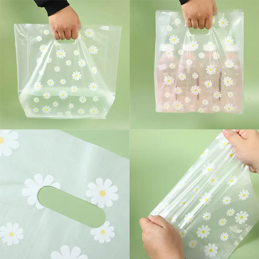 50pcs Die Cut Plastic Merchandise Shopping Bags With Handle, Candy Cake Wrapping Organizer Bags,Wedding Party Gift Bag