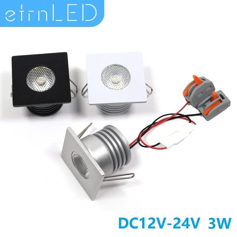 etrnLED 3W Led Ceiling Spotlights Square Mini Spot DC12V 24V Interior Home Cabinet Recessed Down Light with Quick Connector