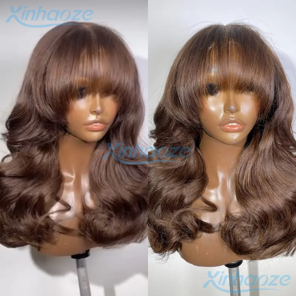 Frange corps ondulé sans colle perruques de cheveux humains brun chocolat 5x5 soie Base fermeture perruques avec pleine frange 13x6/360 dentelle frontale perruques
