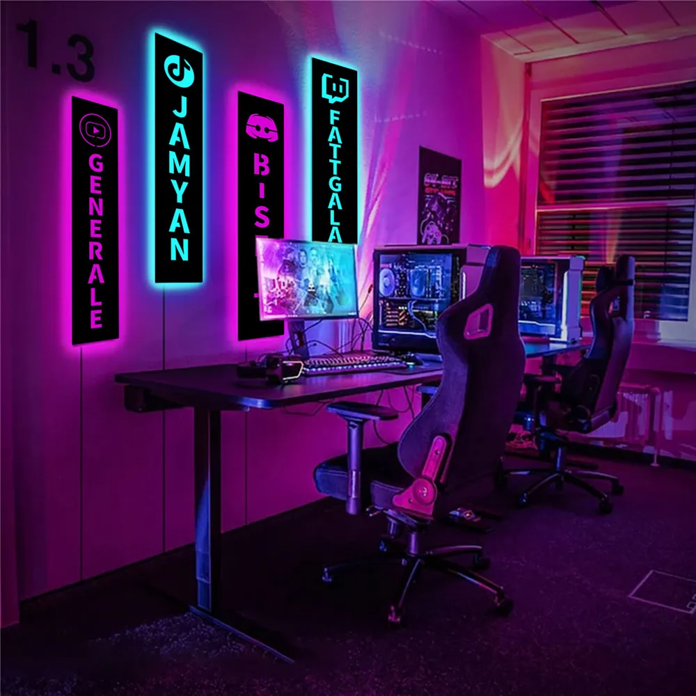 Personalized Gamer Tag Username LED Wall Lamp for Game Social Platform Custom Wood RGB Neon Night Light for Gaming Room Decor