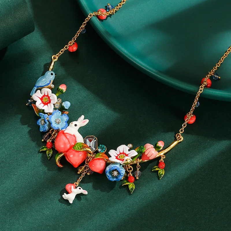 ArLea Luxury Mori Handmade Enamel Flower Necklace Animal Necklace Peach Necklace Small White Rabbit Necklace Blue Bird Necklace