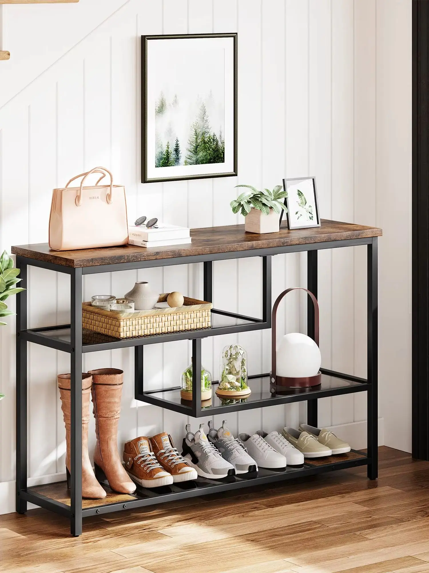Konsolentisch 4 Ebenen Beistelltisch mit offenen Fächern schmaler Sofatisch mit Metallrahmen Eingangstisch mit Glasablagen Flurtisch Sofatisch für Wohnzimmer Eingang Flur 100 x 30 x 75 cm Retro