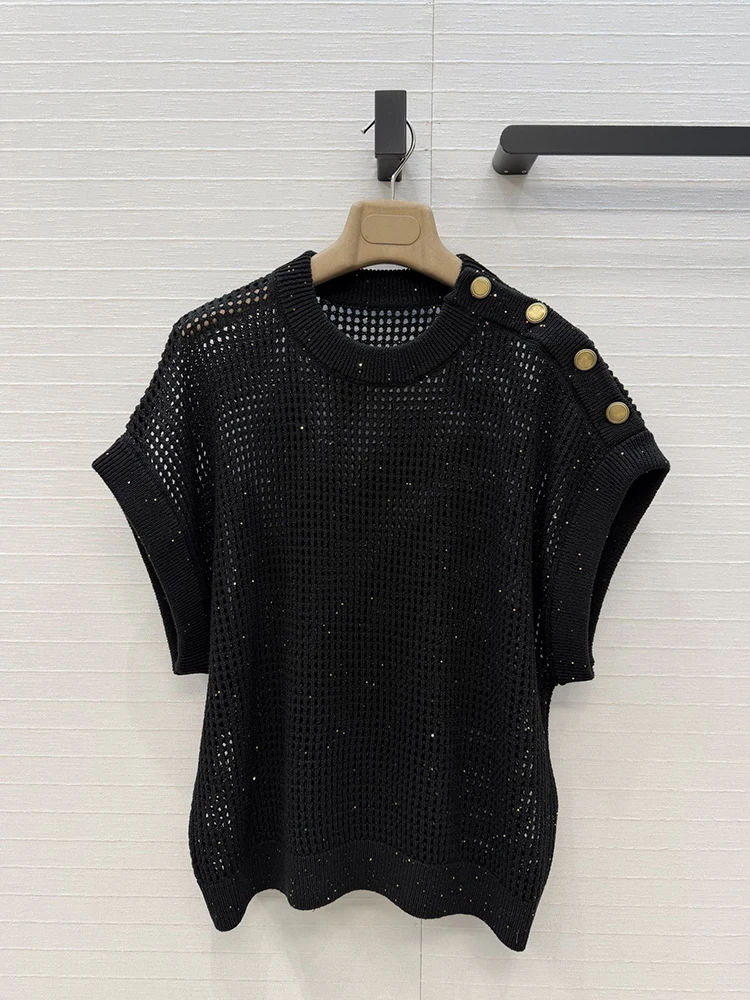 

Spring Summer New style Hollow Knitting Short sleeves Upper garment Woman black Comfort Button Design Fashion Short sleeves