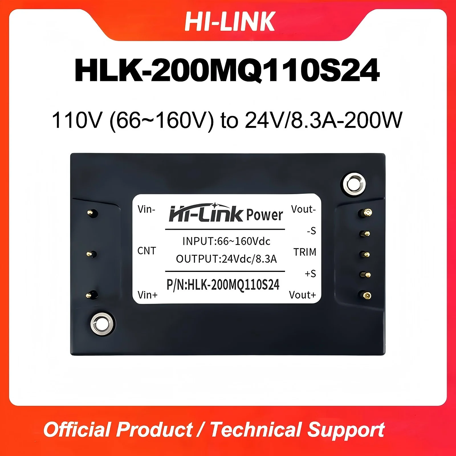 Hi-Link HLK-200MQ110S24 Isolated DC-DC Power Module 66-160V to 24V 8.3A 200W High Efficiency Industrial Step Down Converter