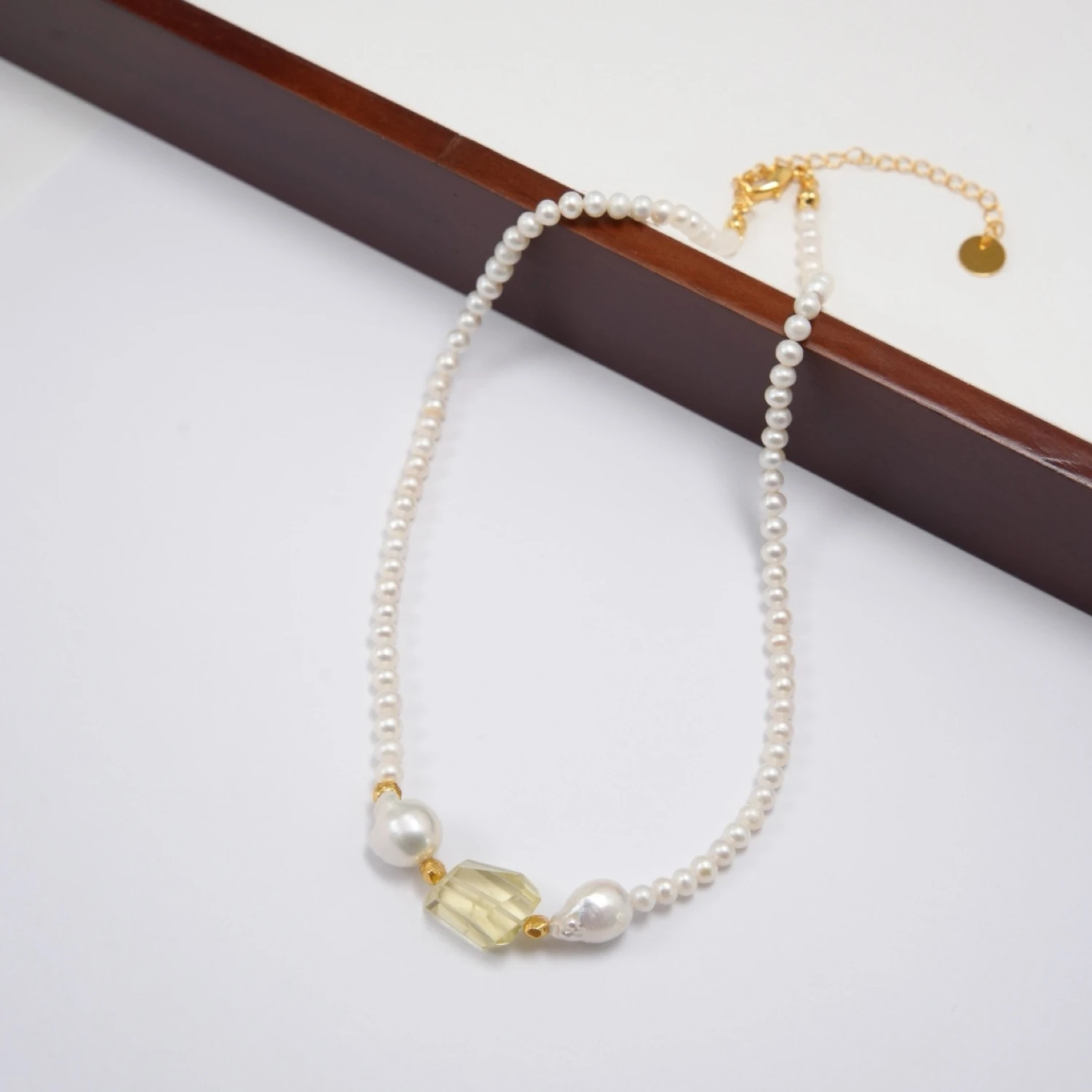 YAJUNIEL Natural Freshwater Pearls Necklace with Baroque Pearls & Lemon Quartz Crystal Pendant Dainty Choker for Women